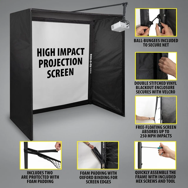 Alt view image 4 of 7 - Complete Golf Simulator Enclosure Package 4K-Ready Impact Screen with Blackout Cage, Projector Mount, Frame Poles & Side Shank Nets