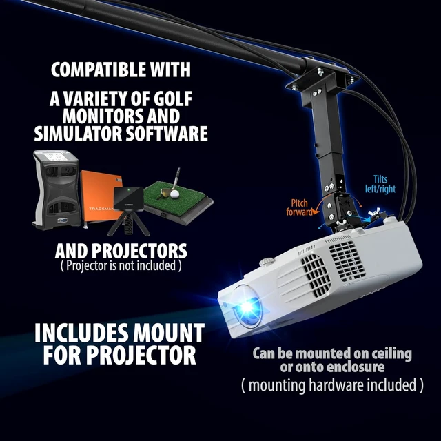 Alt view image 5 of 7 - Complete Golf Simulator Enclosure Package 4K-Ready Impact Screen with Blackout Cage, Projector Mount, Frame Poles & Side Shank Nets