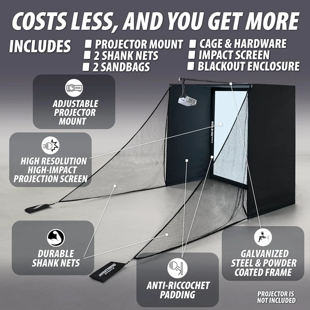 Alt view image 6 of 7 - Complete Golf Simulator Enclosure Package 4K-Ready Impact Screen with Blackout Cage, Projector Mount, Frame Poles & Side Shank Nets
