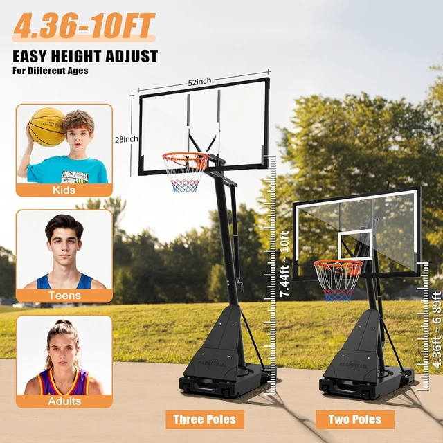 Alt view image 2 of 7 - Outdoor Basketball Hoop with 44/52" Shatterproof PC Backboard 4.36-10FT Stepless Adjustable Height, Portable for Kids/Teens/Adults in Backyard, Driveway & Indoor
