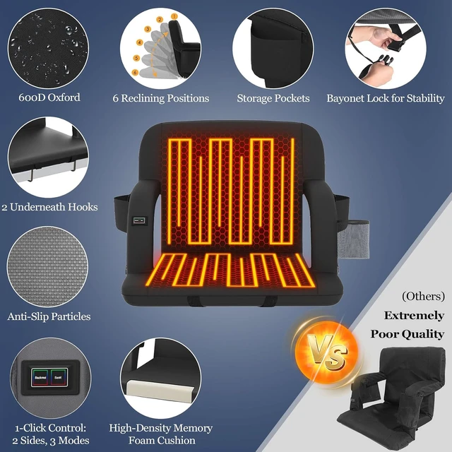 Alt view image 4 of 7 - Heated Stadium Seats for Bleachers with Back Support 21" 2-Pack (Black)