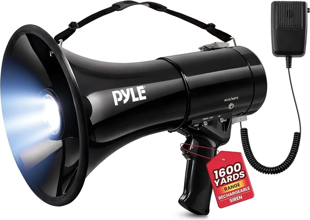 Main image of Megaphone PA Bullhorn Speaker Built-in Siren, 50-Watt Rechargeable Battery, 10-Sec Record for Football, Baseball, Basketball, Cheerleading, Coaches & Safety Drills