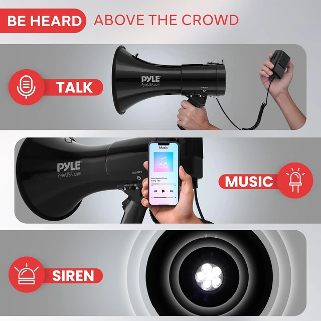 Alt view image 3 of 7 - Megaphone PA Bullhorn Speaker Built-in Siren, 50-Watt Rechargeable Battery, 10-Sec Record for Football, Baseball, Basketball, Cheerleading, Coaches & Safety Drills
