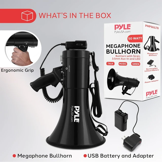 Alt view image 7 of 7 - Megaphone PA Bullhorn Speaker Built-in Siren, 50-Watt Rechargeable Battery, 10-Sec Record for Football, Baseball, Basketball, Cheerleading, Coaches & Safety Drills