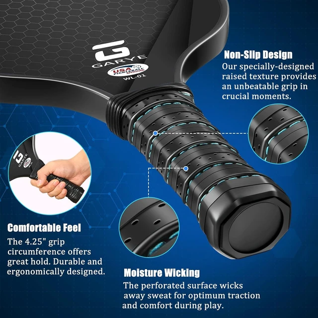 Alt view image 4 of 7 - Pickleball Paddles Set of 4 Carbon Fiber, USAPA Approved Lightweight Rackets for Adults & Teenagers, 6 Balls, 1 Bag & 4 Grip Tapes Included