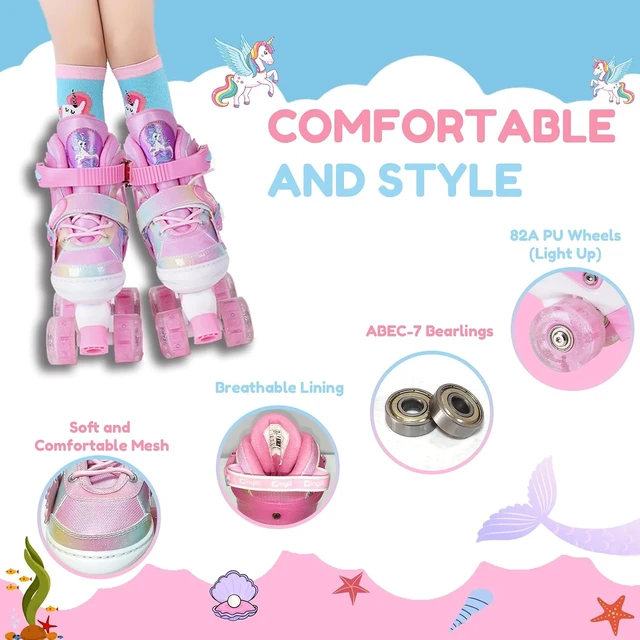 Alt view image 4 of 7 - Girls Roller Skates for Kids Ages 3-12 Adjustable Light-Up Skates for Toddlers & Beginners, Unicorn Mermaid Rainbow Gift for Indoor/Outdoor Sports