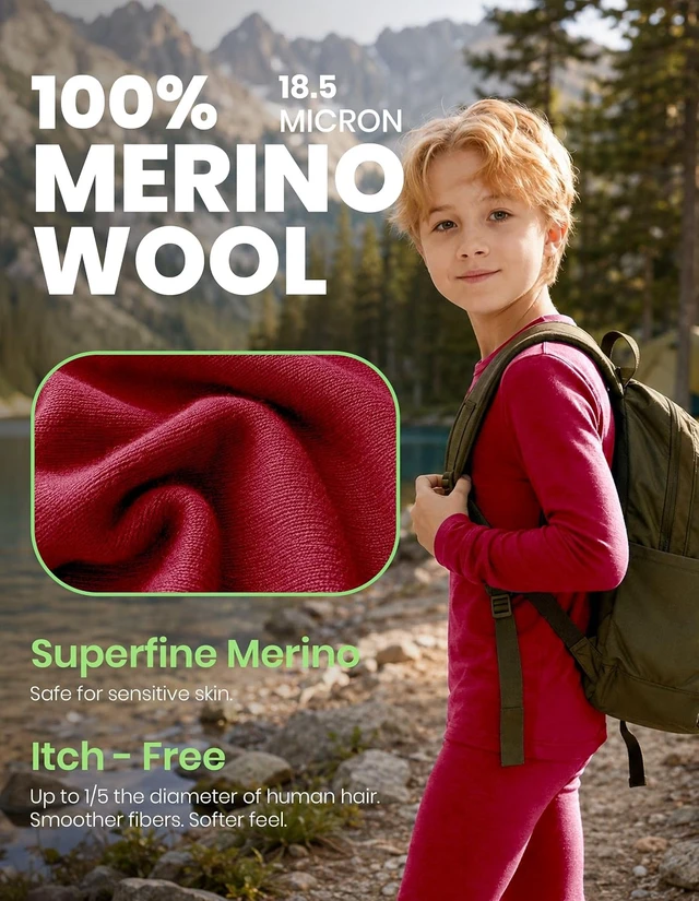 Alt view image 2 of 7 - Kids Unisex 100% Merino Wool Thermal Base Layer Set