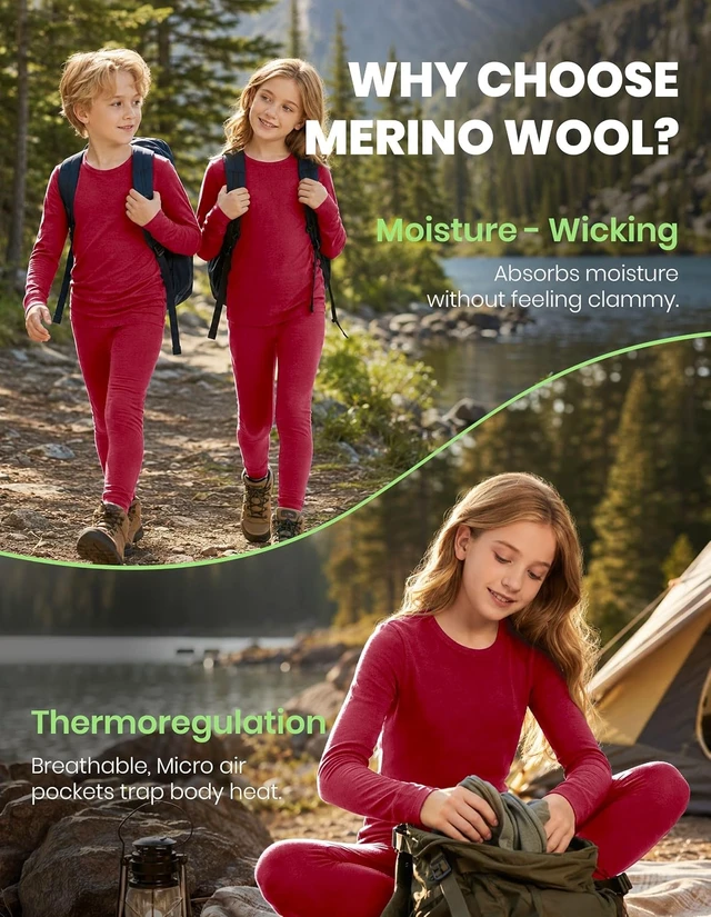 Alt view image 3 of 7 - Kids Unisex 100% Merino Wool Thermal Base Layer Set