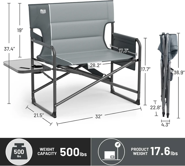 Alt view image 3 of 7 - XXL Director's Chair Heavy-Duty Folding Camping Chair for Adults, 500lb Capacity, Extra-Wide Padded Seat for Camping, Sports, Lawn, Courtyard & Outdoor Use (Grey)