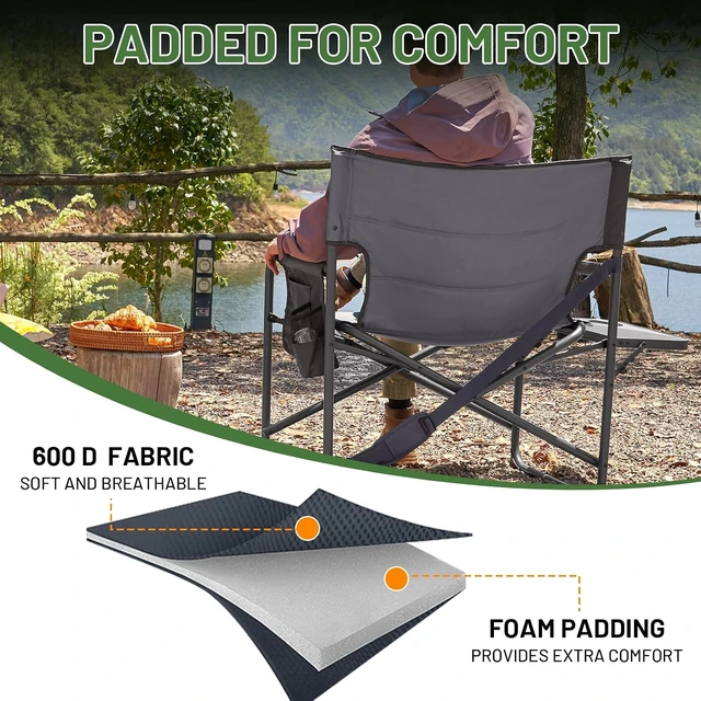 Alt view image 4 of 7 - XXL Director's Chair Heavy-Duty Folding Camping Chair for Adults, 500lb Capacity, Extra-Wide Padded Seat for Camping, Sports, Lawn, Courtyard & Outdoor Use (Grey)