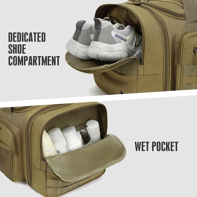 Alt view image 4 of 7 - 3-in-1 Tactical Gym Bag Backpack for Men 40-45L Expandable Travel Duffle for Women, Military Sport, Shoe Compartment & Wet Pocket for Fitness, Weekend Overnight (Brown)