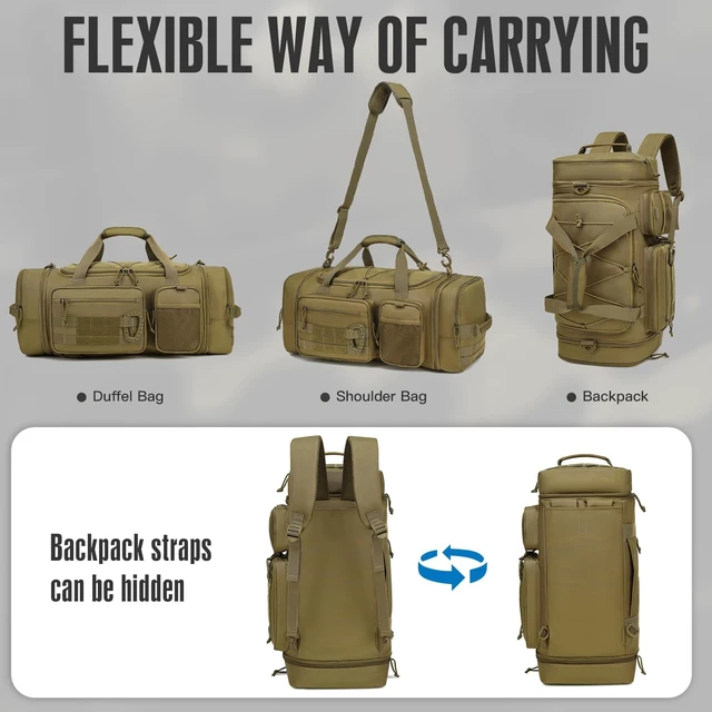 Alt view image 6 of 7 - 3-in-1 Tactical Gym Bag Backpack for Men 40-45L Expandable Travel Duffle for Women, Military Sport, Shoe Compartment & Wet Pocket for Fitness, Weekend Overnight (Brown)