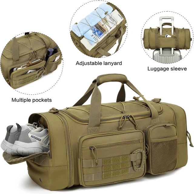 Alt view image 7 of 7 - 3-in-1 Tactical Gym Bag Backpack for Men 40-45L Expandable Travel Duffle for Women, Military Sport, Shoe Compartment & Wet Pocket for Fitness, Weekend Overnight (Brown)