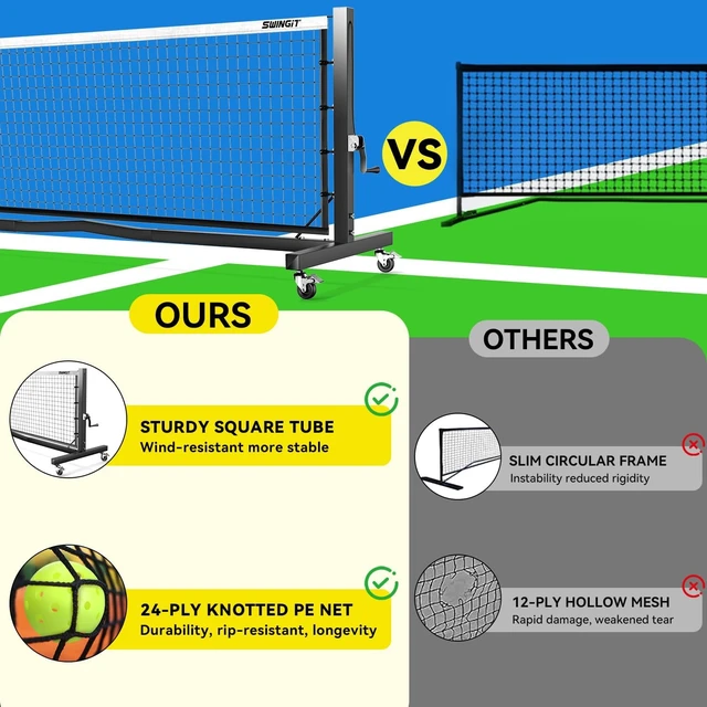 Alt view image 3 of 6 - Pro Pickleball Net with Wheels Hand-Crank Tension System, 22ft IFP Regulation Size, Heavy-Duty Anti-Sag Frame, Locking Wheels for Outdoor Court & Indoor Gym