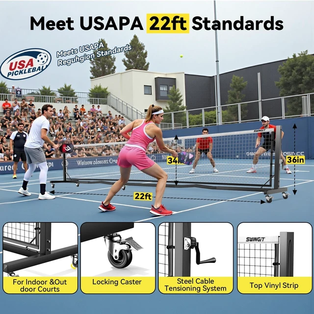 Alt view image 2 of 6 - Pro Pickleball Net with Wheels Hand-Crank Tension System, 22ft IFP Regulation Size, Heavy-Duty Anti-Sag Frame, Locking Wheels for Outdoor Court & Indoor Gym
