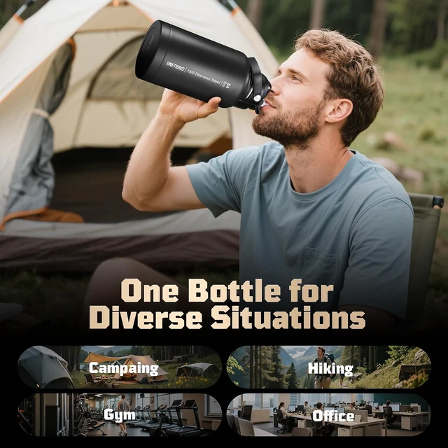 Alt view image 7 of 7 - 64oz Tactical Insulated Water Bottle 3 Lids & MOLLE Pouch