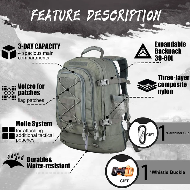 Alt view image 3 of 6 - Military Tactical Backpack 3-Day Bag Expandable 40-64L for Hiking, Gym, Sport & Camping