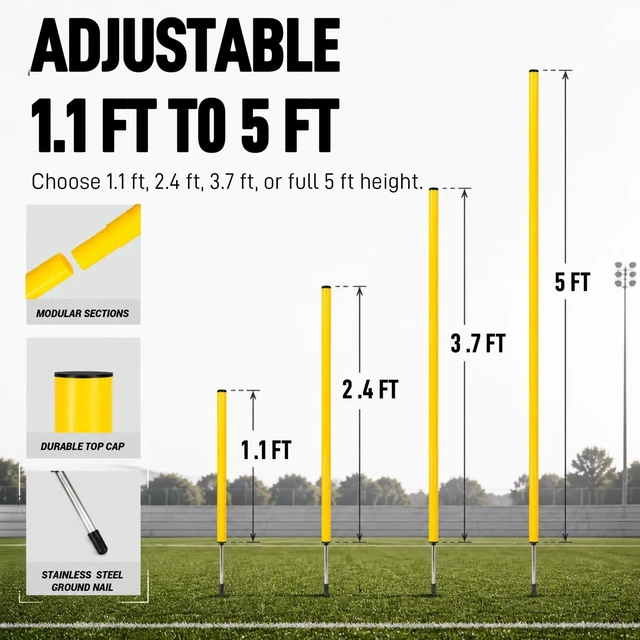 Alt view image 3 of 6 - 6 Pcs 5FT Adjustable Agility Training Poles Speed & Agility Sports Training Sticks with Stainless Steel Ground Nails for Soccer, Basketball, Football, Dog & Horse