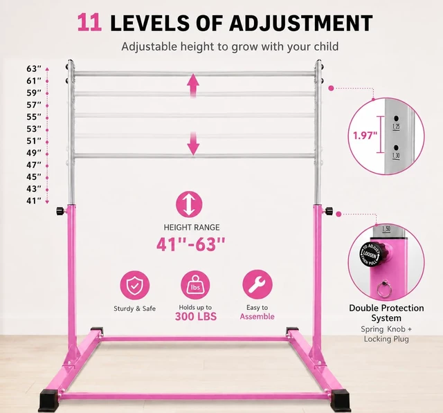 Alt view image 3 of 7 - Adjustable Horizontal Gymnastics Bar for Kids Ages 3-18 11 Height Settings