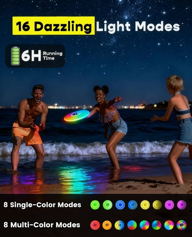 Alt view image 3 of 7 - 2 Pack Light-Up Flying Disc for Beach & Camping Outdoor Games Gift for Teens/Adults, 175g, 16 Lighting Modes, 4 Brightness, 600mAh Rechargeable Battery