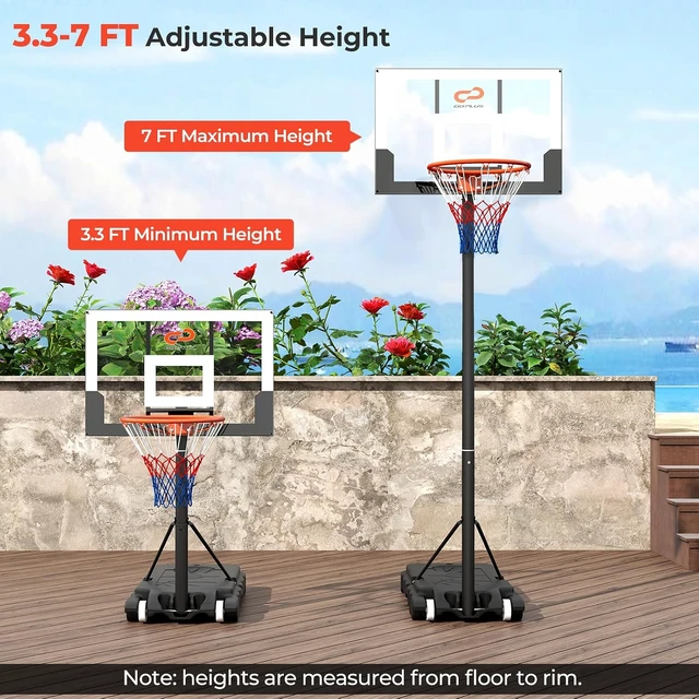 Alt view image 2 of 7 - Portable Outdoor Basketball Hoop System 3.3-7FT/10FT Adjustable Goal w/ Shatterproof PC Backboard & Wheels for Adults in Pool, Driveway & Backyard