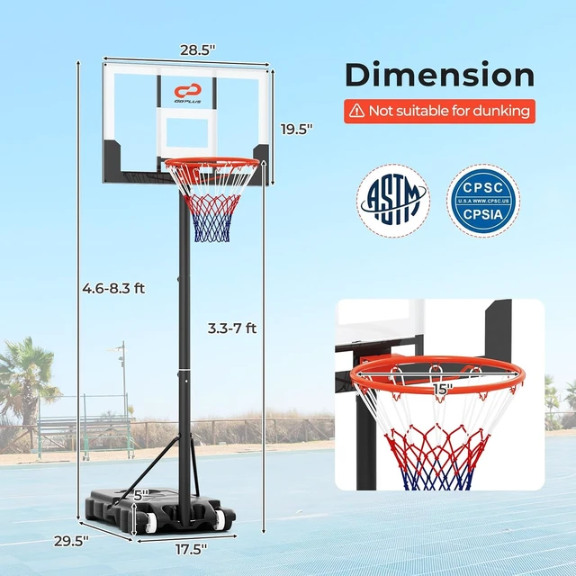 Alt view image 6 of 7 - Portable Outdoor Basketball Hoop System 3.3-7FT/10FT Adjustable Goal w/ Shatterproof PC Backboard & Wheels for Adults in Pool, Driveway & Backyard