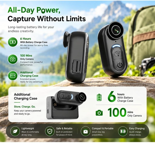 Alt view image 5 of 6 - 4K Mini Body Camera Action POV Cam 64GB Sports Camcorder with Audio Video Recording, WiFi, Magnetic Mount & Helmet Mount, Waterproof for Motorcycle, Cycling, Hiking & Fishing