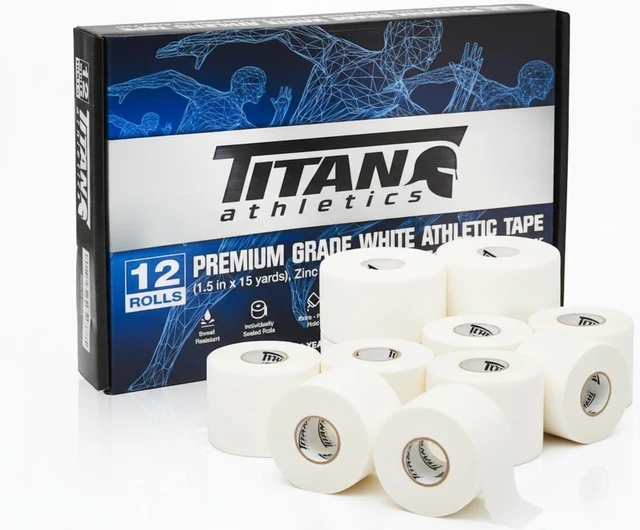 Main image of White Athletic Tape 12 Pack (45 ft Rolls), Premium Medical Sports Tape with Easy Tear Design, Zinc Oxide & No Sticky Residue for Wrapping & Supporting Ankles & Wrists