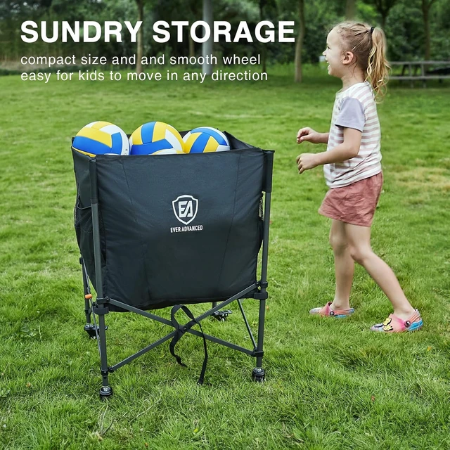 Alt view image 4 of 7 - Collapsible Rolling Ball Storage Cart with Lockable Wheels, 33x22.8in/45x25in Garage Sports Equipment Organizer for Volleyball, Basketball, Tennis, Toys & Multi-Sport Gym