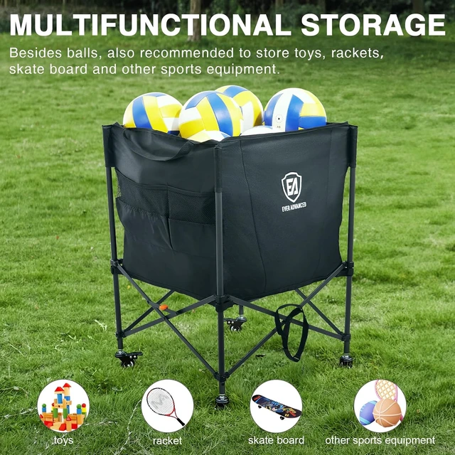 Alt view image 6 of 7 - Collapsible Rolling Ball Storage Cart with Lockable Wheels, 33x22.8in/45x25in Garage Sports Equipment Organizer for Volleyball, Basketball, Tennis, Toys & Multi-Sport Gym