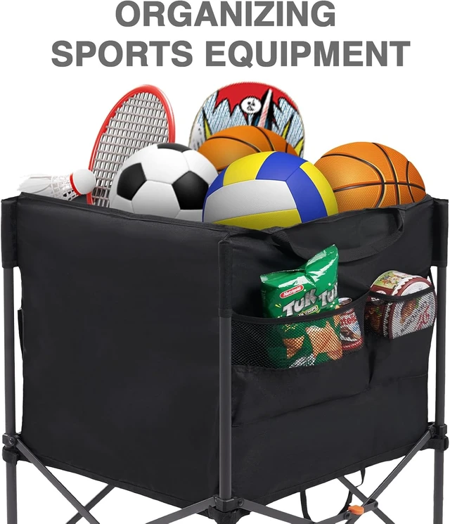 Alt view image 5 of 7 - Collapsible Rolling Ball Storage Cart with Lockable Wheels, 33x22.8in/45x25in Garage Sports Equipment Organizer for Volleyball, Basketball, Tennis, Toys & Multi-Sport Gym