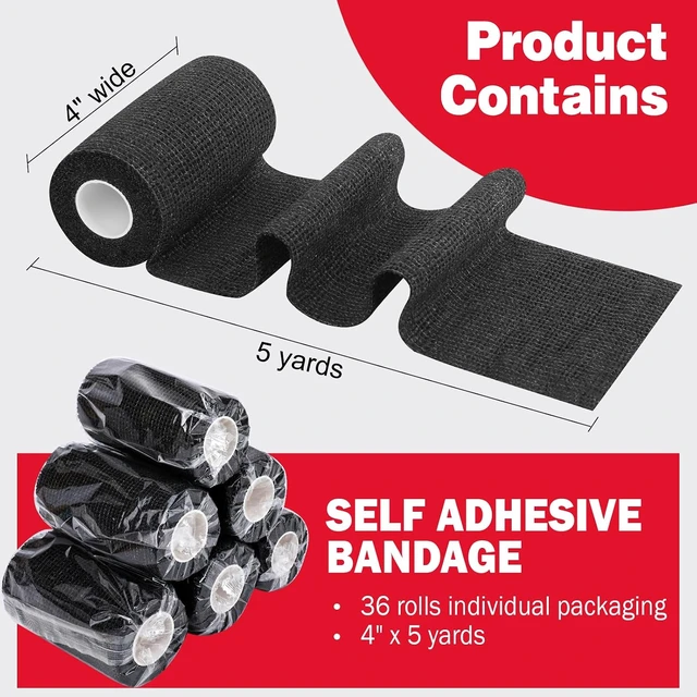 Alt view image 2 of 6 - Self Adhesive Cohesive Bandage Wrap 36 Pack, 4" x 5 Yards Elastic Tape for Athletic, Tattoo Grip, Vet & Ankle Use, Black
