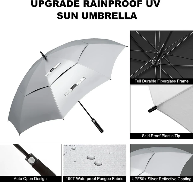 Alt view image 7 of 7 - 68/62/54 Inch UPF 50+ Sun Umbrella UV Protection Windproof Large Golf Umbrella, Auto Open Vented Double Canopy for Sun & Rain