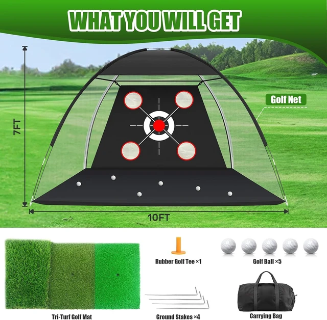 Alt view image 4 of 7 - 10x7FT Golf Hitting Net with Practice Mat Backyard Driving, Chipping & Swing Training Aid, Gift for Men, Dad & Golfer