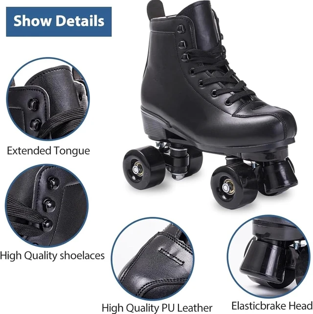 Alt view image 2 of 6 - Classic High Top PU Leather Quad Skates for Women & Men Adjustable Double Row, Indoor & Outdoor Roller Derby, Black