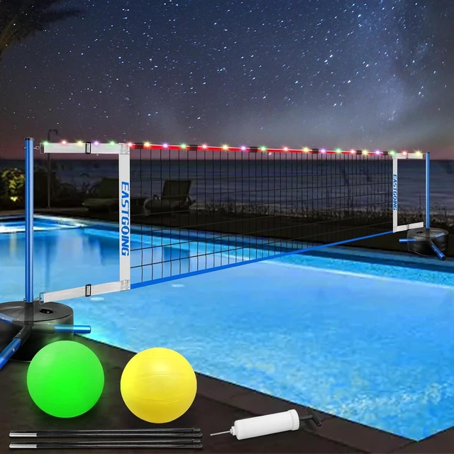 Main image of Swimming Pool Volleyball Net Set with Light Adjustable Length 15-25FT, 2 Water Volleyballs & Heavy Duty Base