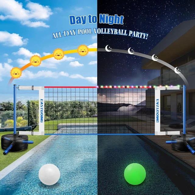 Alt view image 3 of 7 - Swimming Pool Volleyball Net Set with Light Adjustable Length 15-25FT, 2 Water Volleyballs & Heavy Duty Base