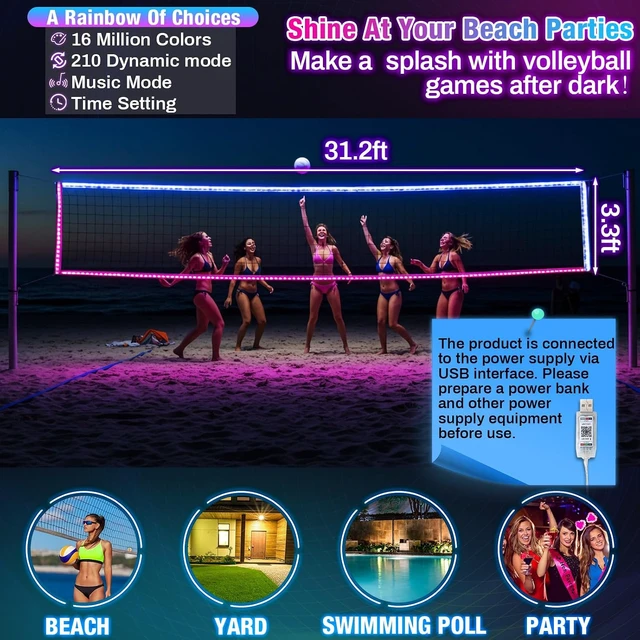 Alt view image 2 of 7 - LED Light-Up Volleyball Net 31.2 x 3.3 ft with Music Remote Net Only