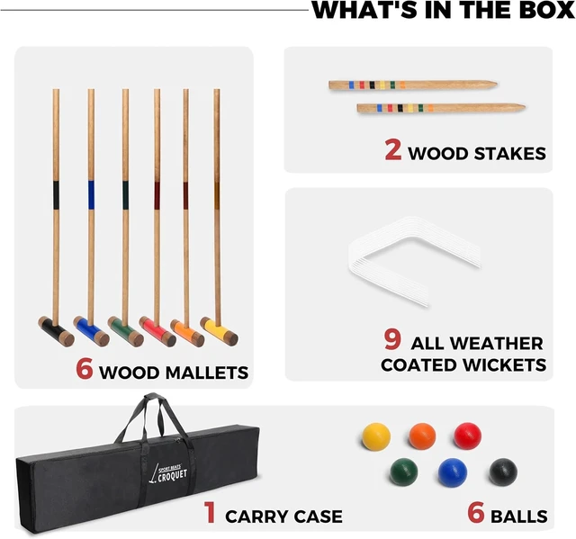 Alt view image 6 of 7 - Six Player Croquet Lawn Game Set Rubber Wood