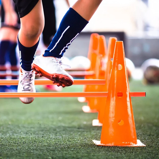 Alt view image 4 of 7 - Speed & Agility Training Hurdles Set with 3 Height Levels 12 Cones 15" & 6 Poles 40", Jumping Hurdles for Kids, Football & Dog Agility Training