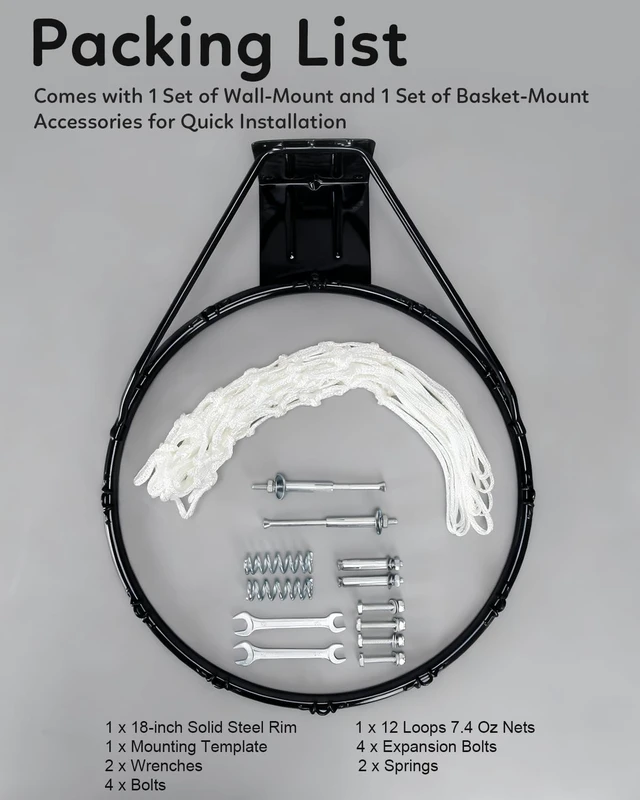 Alt view image 6 of 7 - Heavy Duty 18" Solid Steel Basketball Rim Replacement with Net Pro-Grade Double Spring Hoop Rim for Wall-Mount & Hoop, Complete Installation Kit