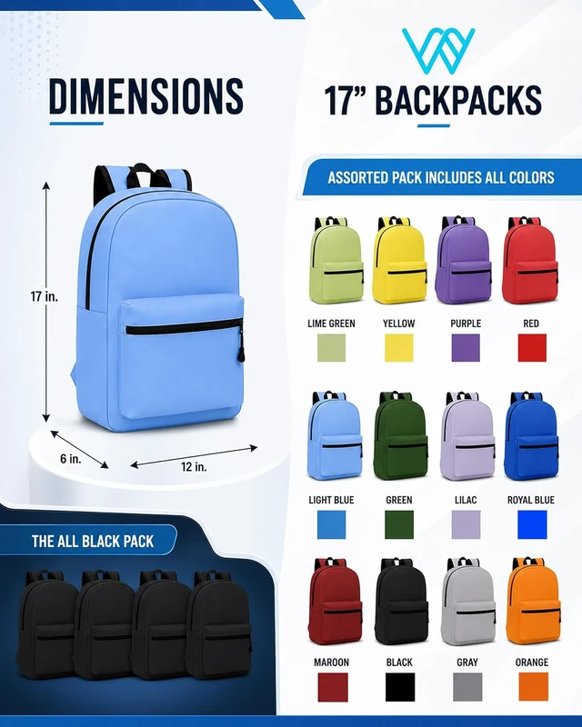 Alt view image 2 of 7 - Bulk 17 Inch Lightweight Backpacks 24 Pack, Outdoor Travel, Gym & Corporate Events Bag (Assorted)