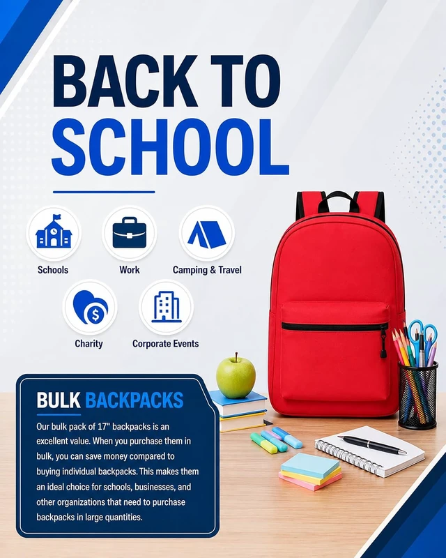 Alt view image 5 of 7 - Bulk 17 Inch Lightweight Backpacks 24 Pack, Outdoor Travel, Gym & Corporate Events Bag (Assorted)