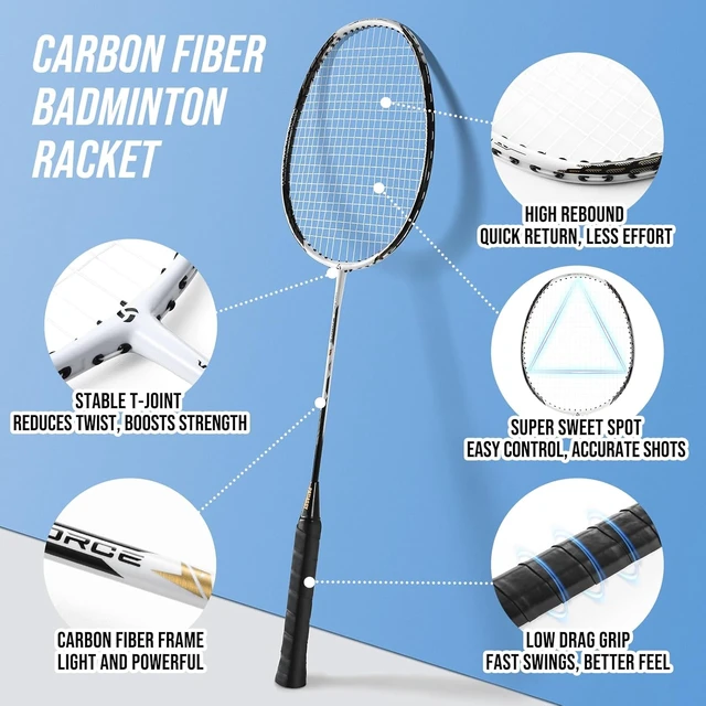 Alt view image 4 of 7 - Professional Badminton Set with Net Carbon Fiber Rackets, Set of 4
