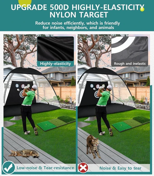Alt view image 3 of 7 - 10x7FT Golf Practice Net for Backyard Driving Hitting Net with Tri-Turf Mat & Noise-Reducing Nylon Target, Indoor Chipping Aid, Gift for Men/Dad/Him
