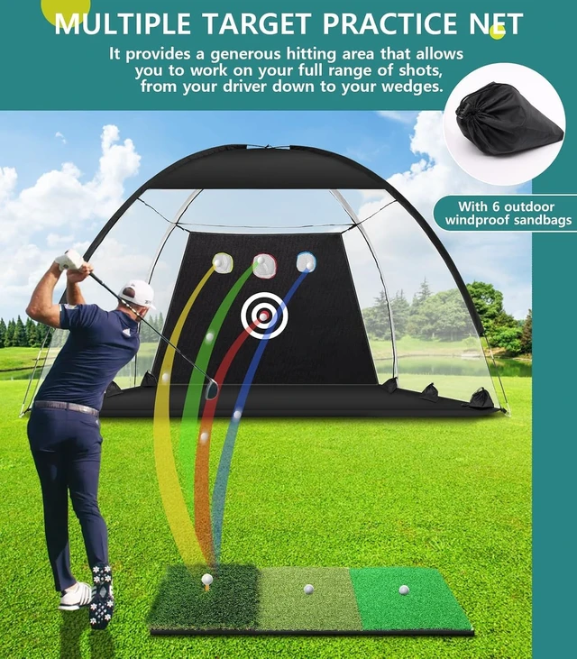 Alt view image 4 of 7 - 10x7FT Golf Practice Net for Backyard Driving Hitting Net with Tri-Turf Mat & Noise-Reducing Nylon Target, Indoor Chipping Aid, Gift for Men/Dad/Him