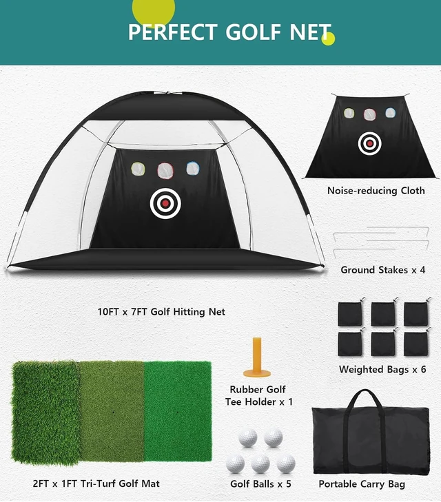 Alt view image 7 of 7 - 10x7FT Golf Practice Net for Backyard Driving Hitting Net with Tri-Turf Mat & Noise-Reducing Nylon Target, Indoor Chipping Aid, Gift for Men/Dad/Him