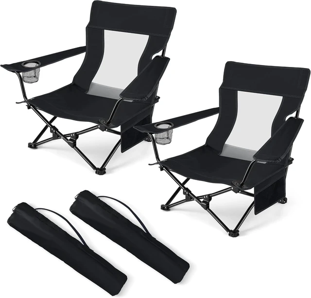 Main image of Low Beach Folding Camping Chairs 2 Pcs Lawn Chairs, Black