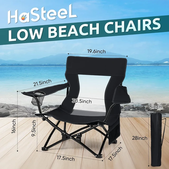 Alt view image 2 of 7 - Low Beach Folding Camping Chairs 2 Pcs Lawn Chairs, Black