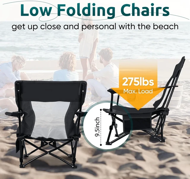 Alt view image 7 of 7 - Low Beach Folding Camping Chairs 2 Pcs Lawn Chairs, Black